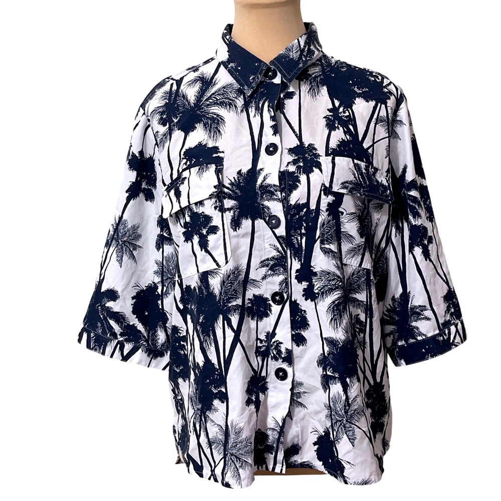 Chicos Palm Tree Print Button Down Shirt Navy White Casual Tropical Size 2